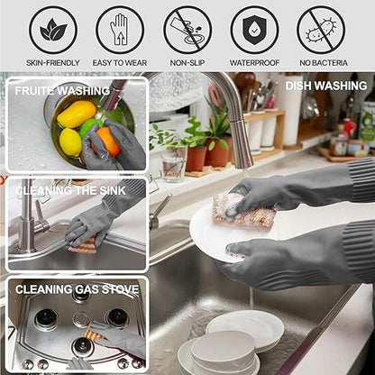 Mamison 2 Pairs Reusable Waterproof Household Dishwashing Cleaning Rubber Gloves, Non-Slip Kitchen Glove (Grey, Large (Pack of 3))