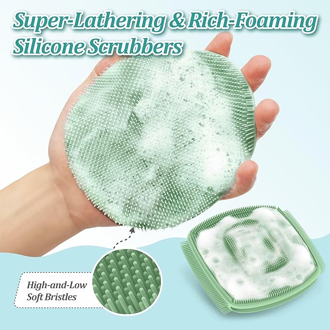 Silicone Bath Glove & Face Scrubber Set 2PCS, 360° Anti-Slip & Hand-fit Body Scrubber for Rich Foaming Deep Cleaning, Unique Facial Scrubber with Side-bristles for Contoured Areas.(Green)