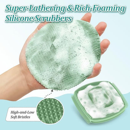 Silicone Bath Glove & Face Scrubber Set 2PCS, 360° Anti-Slip & Hand-fit Body Scrubber for Rich Foaming Deep Cleaning, Unique Facial Scrubber with Side-bristles for Contoured Areas.(Green)