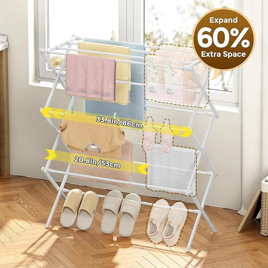 KINGBOARD Clothes Drying Rack, Collapsible Drying Rack Clothing with 11 Poles, 3-Tier Laundry Drying Rack, Small Clothes Drying Rack Foldable for Baby Clothes Sock Towel, 25lb Capacity, White & Grey