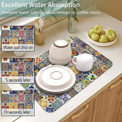 Dish Drying Mat for Kitchen Counter 2 Pack with Non-Slip Rubber Backing - Heat-Resistant Absorbent Coffee Bar Mat, Dish Rack Mat, Talavera Mexican Tiles Dish Drying Mats 18x24+19.5x12 inch