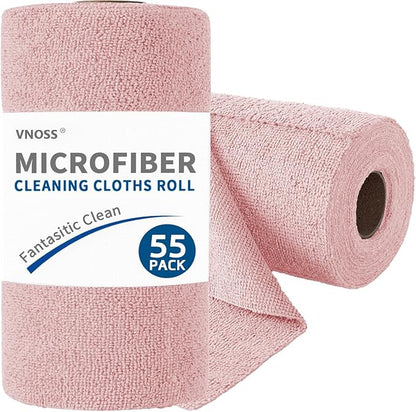 55 Pack Microfiber Cleaning Cloth Roll, Tear Away Reusable Towels, 11" X 9", Ultra Absorbent & Lint Free Cloth for Cars, Kitchen, Window, Home and Shop, Pink