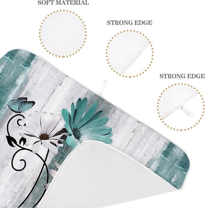Rustic Daisy Floral Dish Drying Mats 18x24 Inches for Kitchen Counter Vintage Teal Blue Kitchen Decorations Drying Mats Seasonal Outdoor Decor Mat Drying Pad for Office Dining Room Decor