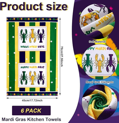 Zubebe 6 Pieces Mardi Gras Kitchen Towels 18 x 28 Inches Print Dish Farmhouse Towel Happy Mardi Gras Hand Towels for Carnival Cooking Baking Home Cleaning Wipes