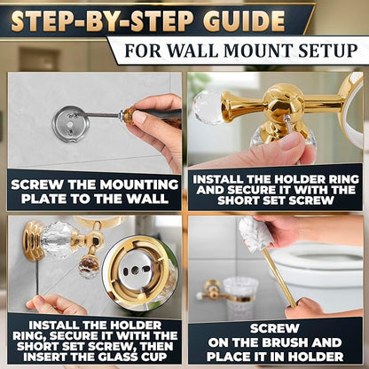 Gold Stainless Steel Toilet Brush with Crystal Toilet Brush Holder Set – Wall Mounted Holder, Replaceable Head, Decorative Space-Saving Design Bathroom Toilet Accessory Elegant Toilet Bowl Cleaner Set