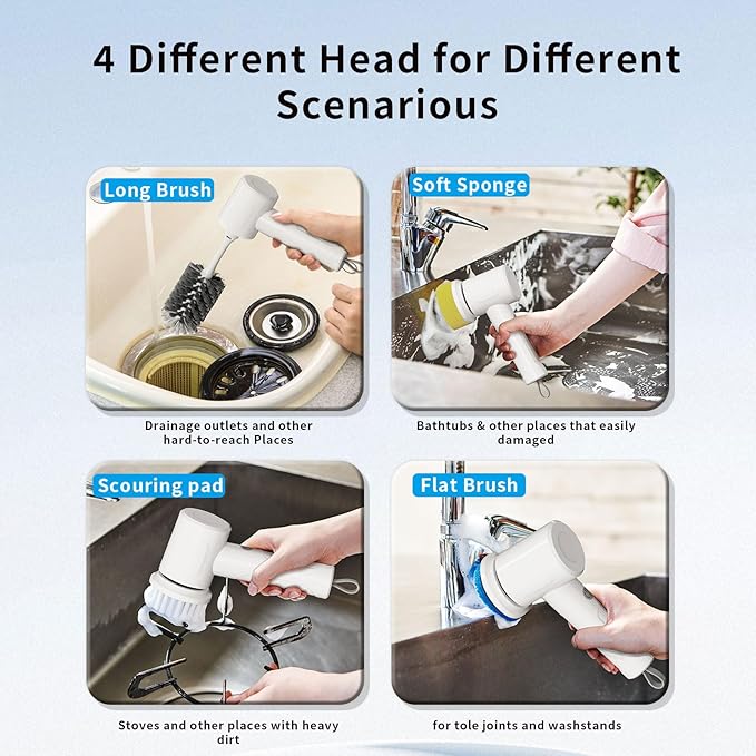 Electric Spin Scrubber - Cordless Handheld Cleaning Brush with 2 Speeds & 4 Brush Heads, Rechargeable 1500mAh Battery for Kitchen Sink, Bathroom Tile, Stovetop, Glass, Car Detailing