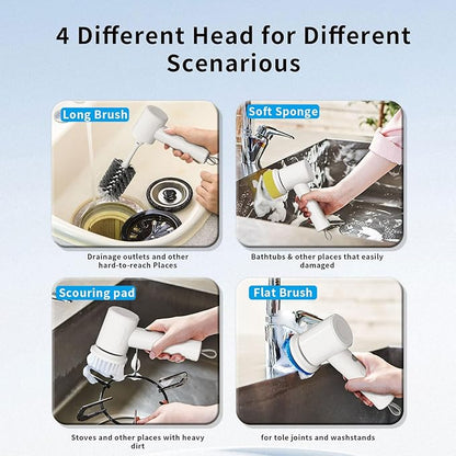 Electric Spin Scrubber - Cordless Handheld Cleaning Brush with 2 Speeds & 4 Brush Heads, Rechargeable 1500mAh Battery for Kitchen Sink, Bathroom Tile, Stovetop, Glass, Car Detailing