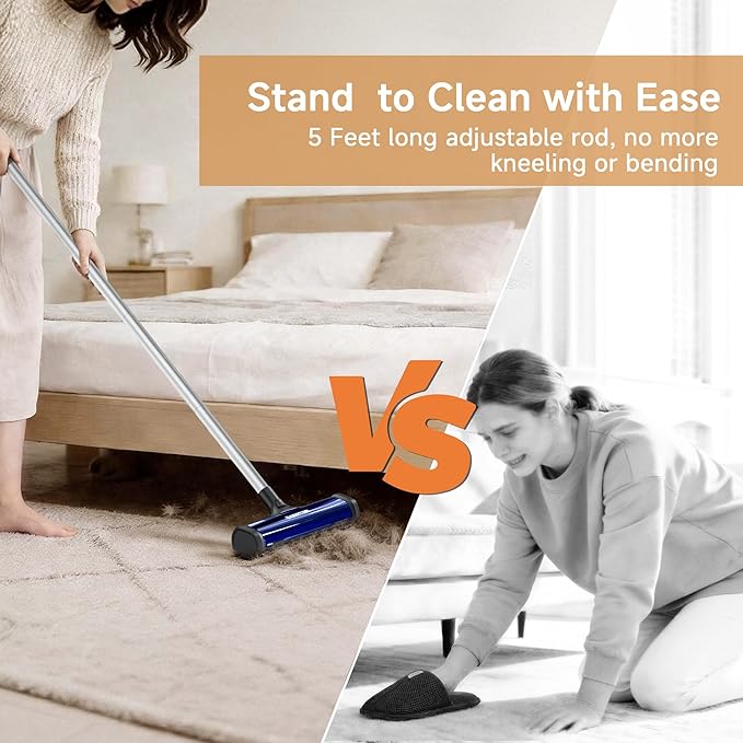 Carpet Hair Removal Tool, Carpet Sweeper for Pet Hair, Reusable Carpet Roller Rug Rake, Pet Fur Remover with Dust Container, 5 Feet Long Handle for Carpet, Rugs, Mats