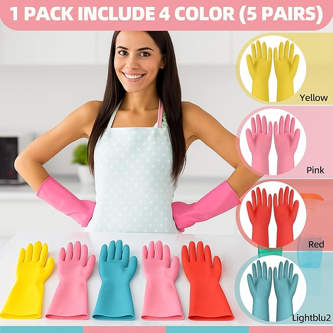 Rubber Cleaning Gloves for Dishwashing-5 Pairs Colorful Reusable Household Cleaning Glove for Washing Dishes and Kitchen Cleaning Non-Slip Grip Dish Gloves for Women Men (Medium)