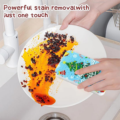 Christmas Theme Kitchen Sponge (12Pack) - Wood Pulp & Coconut Scrubber Sponges, High-Absorption Dishwashing Sponge with Festive Designs, Strong Cleaning for Dishes, Household Cleaning