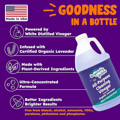 Originally Yellow Lavender Vinegar For Cleaning Purpose | USA Made All Purpose Cleaner | Use as a Floor, Glass, Kitchen, & Bathroom Cleaner | Plant Derived Vinegar half Gallon| 64 Oz