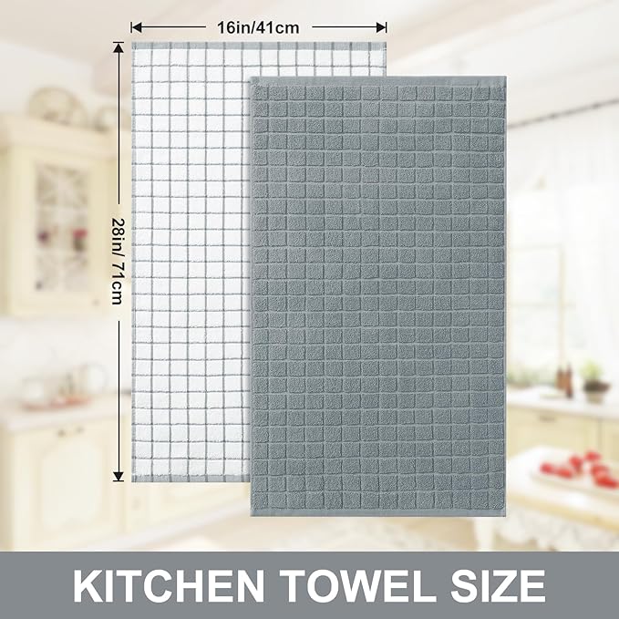 Homaxy Premium Cotton Kitchen Towels 16"x 28", Large Natural Ring Spun 390 GSM Dish Towels, Super Absorbent Terry Kitchen Hand Towels, Soft Tea Towels with Hanging Loop, Grey Check Design, 12 Pack