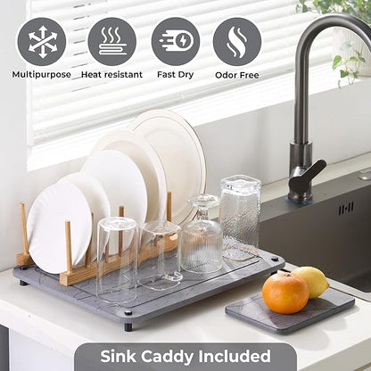 Stone Drying Mat for Kitchen Counter + Sink Caddy | 15.7"x11.8" Diatomaceous Earth Drying Mat with Stainless Steel Feet | Heat Resistant to 450°F | Eco-Friendly & Multipurpose Drying Mat- Dark Grey