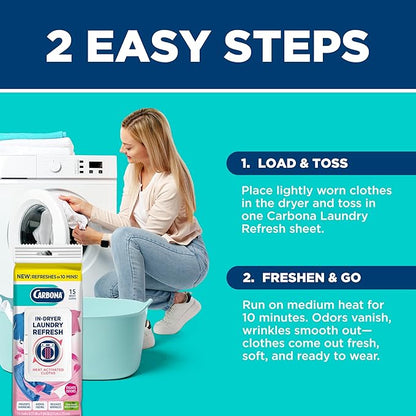 Carbona Laundry Refresh Dryer Sheets 15ct | Odor Eliminator, Wrinkle Releaser, Fabric Softener | Heat-Activated, Static Reducer, Prevents Shrinking & Fading | Quick Clothes Refresh