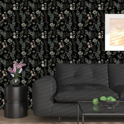 Fvlow Black Green Floral Wallpaper 17.4" x 394", Dark Green Leaf Contact Paper Peel and Stick Wallpapers Waterproof Self-Adhesive Wall Covering for Bedroom Countertop Desk Cabinets Decor