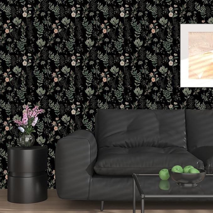 Fvlow Black Green Leaf Wallpaper Peel and Stick Vintage Taupe Green Floarl Contact Paper 17.4" X 118" Moody Wallpaper Waterproof Self-Adhesive Wall Covering for Bedroom Countertop Desk Cabinets Decor