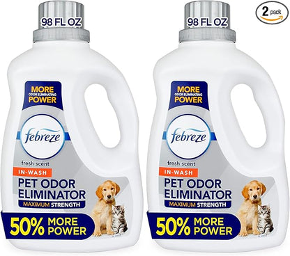 Febreze Laundry Detergent Additive for Pet Supplies,Maximum Strength In Wash Pet Odor Eliminator,Designed to Remove Tough Odors in Fabrics and Clothing-in a Wash,Fresh Scent,98 fl oz,(Pack of 2)