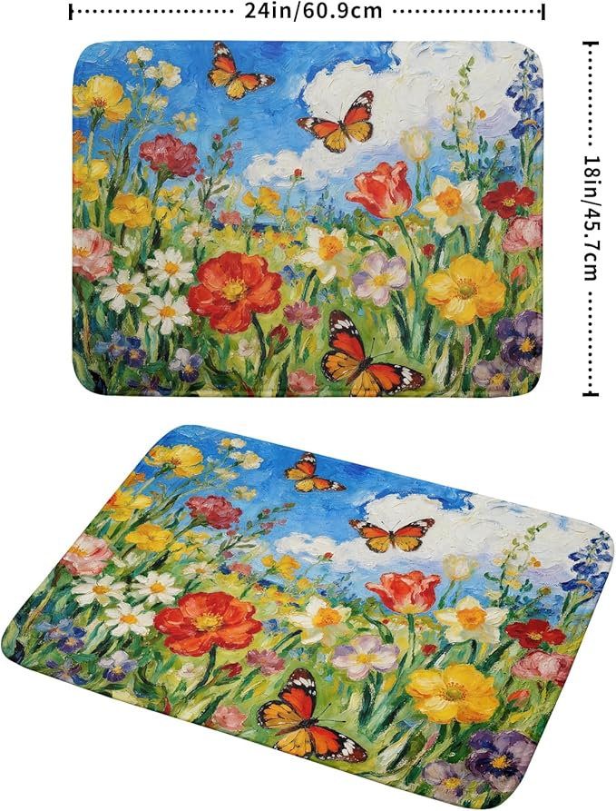 Floral Dish Drying Mat for Kitchen Counter 18x24 Spring Summer Theme Colorful Flower Butterfly Seasonal Absorbent Reversible Microfiber Drying Mats Kitchen Countertop Protector Dishes Drainer Pad