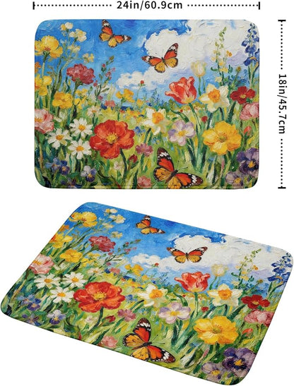 Floral Dish Drying Mat for Kitchen Counter 18x24 Spring Summer Theme Colorful Flower Butterfly Seasonal Absorbent Reversible Microfiber Drying Mats Kitchen Countertop Protector Dishes Drainer Pad