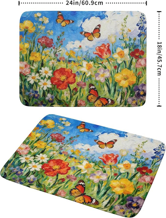 Floral Dish Drying Mat for Kitchen Counter 18x24 Spring Summer Theme Colorful Flower Butterfly Seasonal Absorbent Reversible Microfiber Drying Mats Kitchen Countertop Protector Dishes Drainer Pad