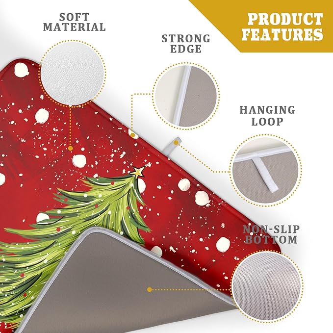 Christmas Tree Dish Drying Mat 18 x 24 Inch With Absorbent Reversible Microfiber Red Green Xmas Snowflake Drying Mats Winter Holiday Dish Drainer Mat Fast Dry For Kitchen Dining Room Decoration