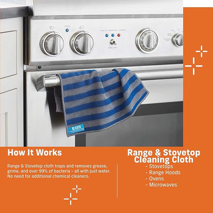 E-Cloth Range & Stovetop Cleaning Cloth, Reusable Premium Microfiber Cleaning Cloth, Ideal Oven & Glass Stove Top Cleaner, 100 Wash Guarantee, Blue & Gray, 2 Pack