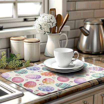 Easter Dish Drying Mat for Kitchen Counter Easter Spring Colorful Eggs Floral Drying Mats Absorbent Reversible Microfiber Washable Draining Pad Washable Dry Mat 18x24 Inch