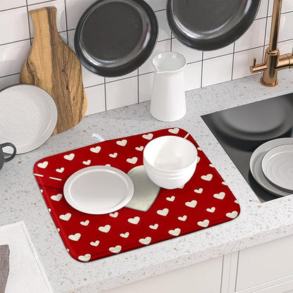 Valentines Day Dish Drying Mat for Kitchen Counter 16x18 Cream Red Love Heart Valentines Holiday Themed Absorbent Reversible Microfiber Drying Mats Kitchen Countertop Protector Dishes Drainer Pad