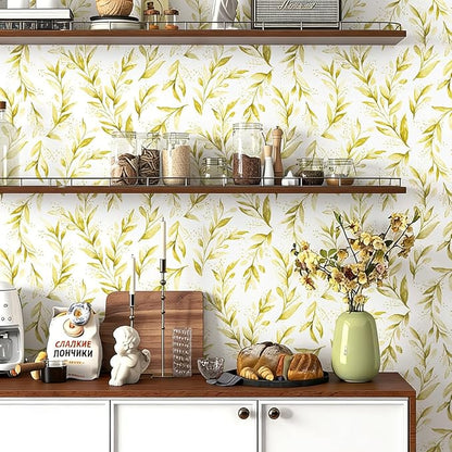Livebor Leaf Peel and Stick Wallpaper Olive Leaf Contact Paper 17.7in x 393.7in Sage Floral Wallpaper Peel and Stick Floral Leaves Contact Paper Modern Farmhouse for Bedroom Neutral Decorative