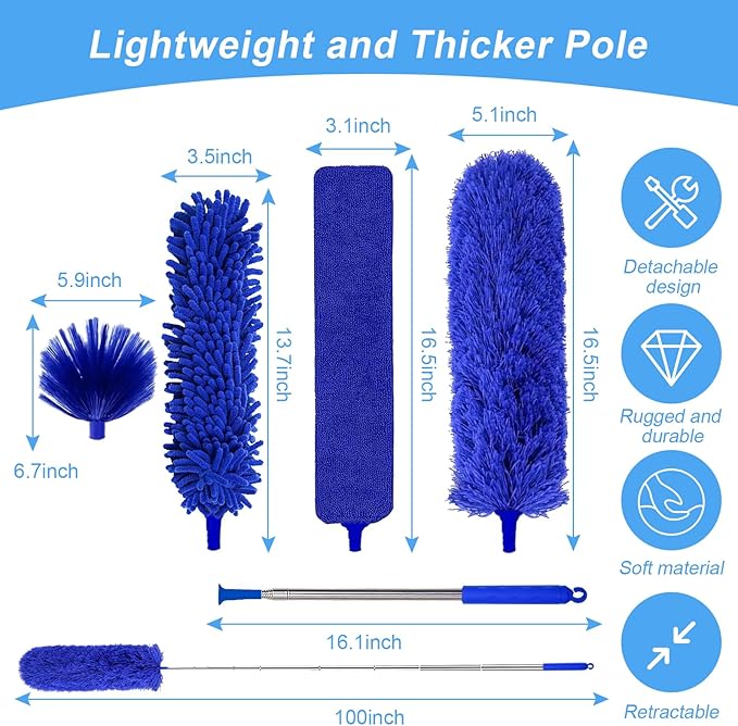 5-in-1 Kit Dusters for Cleaning, Duster with Extension Pole, Extendable Duster with 100 Inches, Microfiber Dusters, Webster Cobweb Duster for Cleaning Ceiling Fans, Furniture, Blinds - Blue