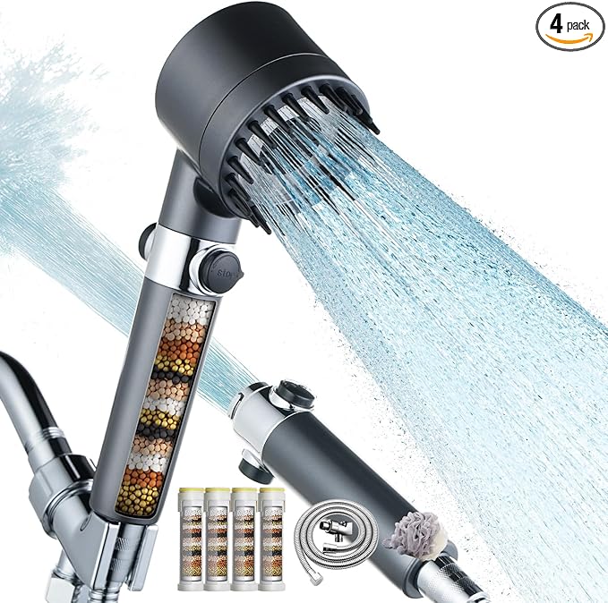 CWPW Filtered Shower Head with Handheld High Pressure 4 Spray Showerhead with Filters for Hard Water-Remove Chlorine ON/OFF Switch for Pets,With 79" Stainless Steel Hose,Bracket,4 Filters,Bath Loofah