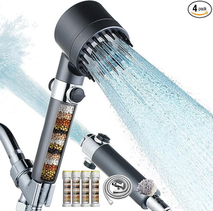 CWPW Filtered Shower Head with Handheld High Pressure 4 Spray Showerhead with Filters for Hard Water-Remove Chlorine ON/OFF Switch for Pets,With 79" Stainless Steel Hose,Bracket,4 Filters,Bath Loofah
