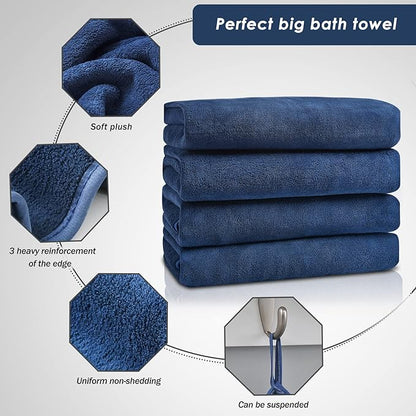 GraceAier Microfiber Bath Towels 4 Pack, 28x56 Inch Coral Velvet Quick Dry Towel Set, Highly Absorbent, Ultra Soft & Lint-Free for Bathroom, Gym, Travel and Swim- Blue