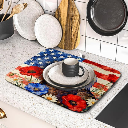4th of July American Flag Eagle Dish Drying Mat for Kitchen Counter 16x18 Patriotic Floral Memorial Day Absorbent Reversible Microfiber Drying Mats Kitchen Countertop Protector Dishes Drainer Pad