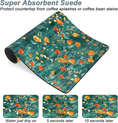 Rnivvi Coffee Mat, 12" x 19" Cute Coffee Bar Mats for Espresso Machine Station Accessories and Organizer, Hide Stain Rubber Backed Absorbent Dish Drying Pad for Kitchen Counter, Gentle Forest Flowers