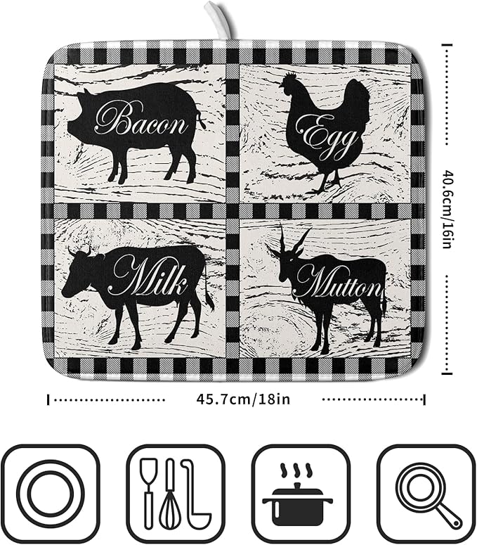 Farmhouse Animal Dish Drying Mat Buffalo Plaid Drainer Rack Mats Fast Dry Absorbent Kitchen Countertop Protector Dishes Pad 16x18 Inch