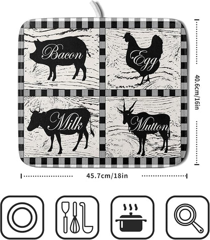 Farmhouse Animal Dish Drying Mat Buffalo Plaid Drainer Rack Mats Fast Dry Absorbent Kitchen Countertop Protector Dishes Pad 16x18 Inch