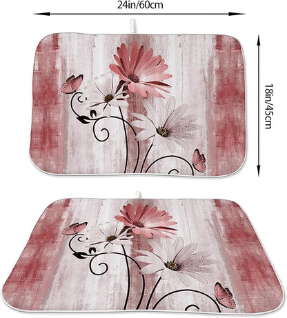 Floral Dish Drying Mat 18x24 Inches For Kitchen Counter Pink Daisy Flower Kitchen Decoration Drying Mat Modern Decorative Drying Pad For Home Kitchen Decor,Dining Room,Office Decoration