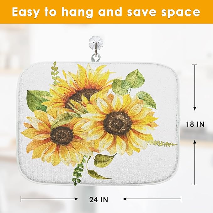 Sanwarm Absorbent Dish Drying Mat, Bouquet Daisy Flower Sun Sunflowers Microfiber Pad for Kitchen Counter, Coffee Bar Decor, Heat Resistant and Reversible, 18" x 24"