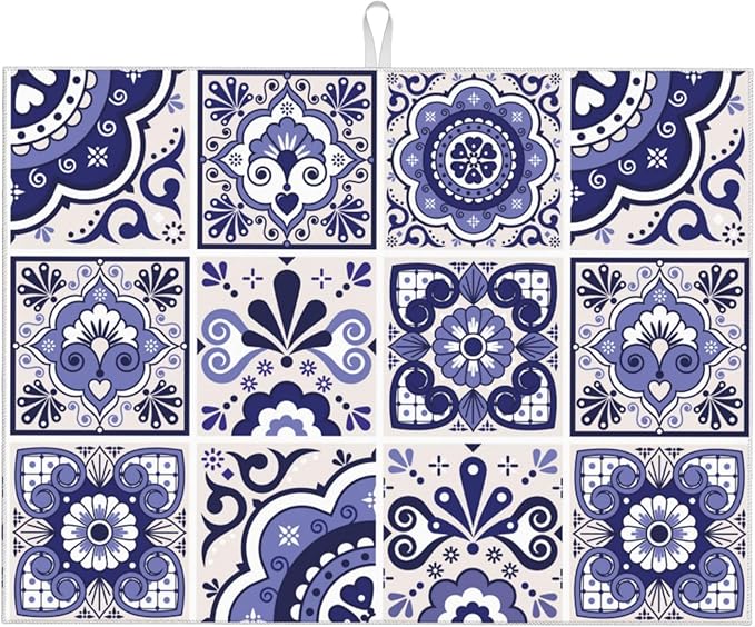 Talavera Mexican Tiles Dish Drying Mats for Kitchen Counter, Absorbent Reversible Microfiber Dish Drying Pad, Multi-Use Large Drying Mat Coffee Bar Accessories 18"x24"
