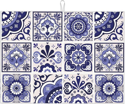 Talavera Mexican Tiles Dish Drying Mats for Kitchen Counter, Absorbent Reversible Microfiber Dish Drying Pad, Multi-Use Large Drying Mat Coffee Bar Accessories 18"x24"