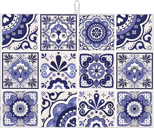 Talavera Mexican Tiles Dish Drying Mats for Kitchen Counter, Absorbent Reversible Microfiber Dish Drying Pad, Multi-Use Large Drying Mat Coffee Bar Accessories 18"x24"