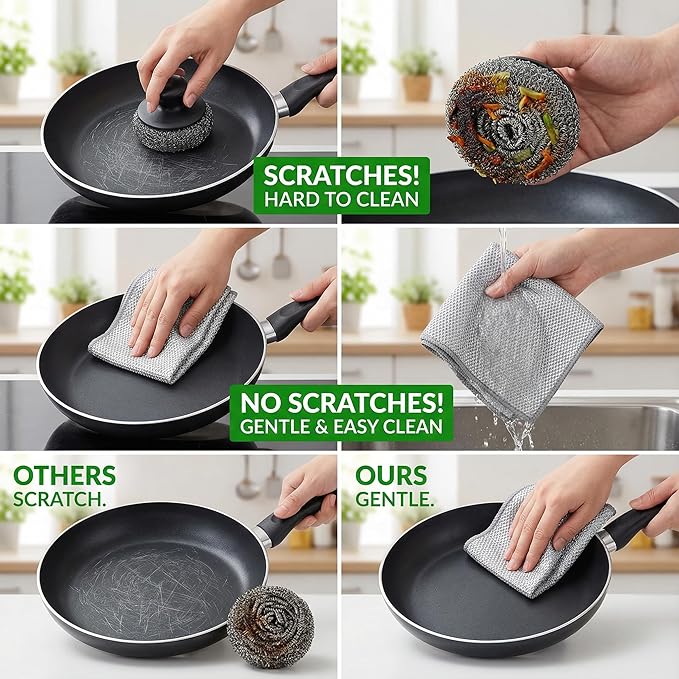 16 Pack Double-Layer Stainless Steel Dishcloths - Non-Scratch Wire Cleaning Rags, Reusablediamond Weave Scrubber Cloths for Dishes, Cookware, Sinks, Stove Tops - 7.8 x 7.8 Inches