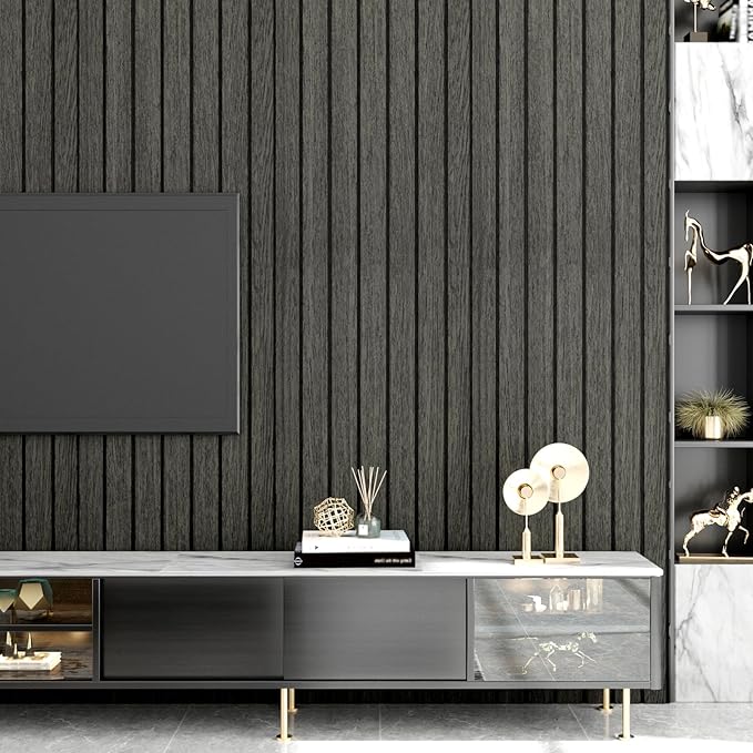 Wallercity Black/Grey Wood 3D Wall Panels Peel and Stick Faux Wooden Slat Wall Paneling Flexible Wood Panel Self Adhesive Foam Slat Acoustic Panels for Interior Walls Bedroom Living Room 11.7"x118"