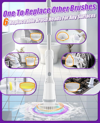 6-in-1 Electric Spin Scrubber, Cordless Power Scrubber with 47.2" Long Extendable Handle, IPX7 Waterproof 2-Speed Scrub Brush for Bathroom, Kitchen, Tile, Tub and Floor Cleaning, White-qb2