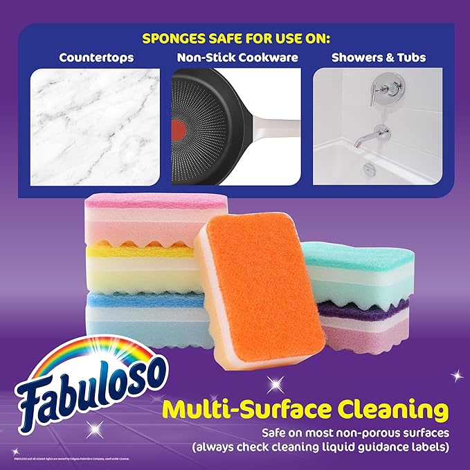Fabuloso Scratch-Free Kitchen Dish Sponges, Rainbow Cellulose Scrubber Sponge with Scouring Pad for Dishes, Pots, Pans, Counters and Sinks, Tough on Messes, 4.25 x 2.75 x 1.25 in, 6 Count