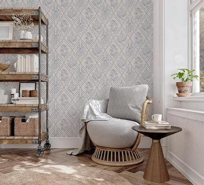 Toduso Peel and Stick Wallpaper Vintage Wall Paper Boho Contact Paper Blue Removable Wallpaper for Kitchen Bathroom Bedroom Floral Waterproof Self Adhesive Vinyl Drawer Decor 17.3"x393.7"