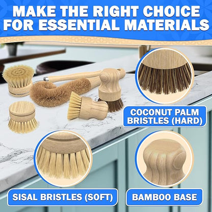 5 Pcs Bamboo Dish Brush Set – Bamboo Dish Scrubber with Soft & Stiff Non-Scratch Bristles, Ergonomic Handle, Replacement Head Included – Lightweight Kitchen Scrubber for Pots, Bottles & Vegetables