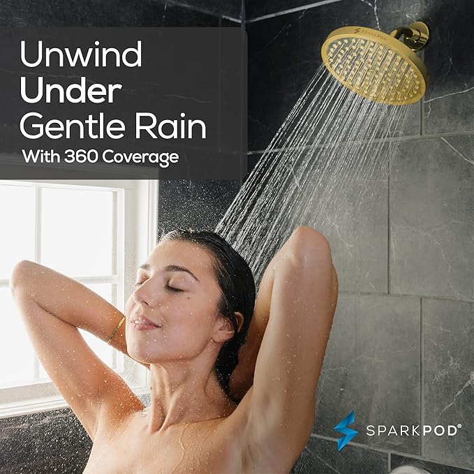 SparkPod Shower Head - High Pressure Rain - Premium Quality Luxury Design - Easy Clean Adjustable Replacement for Your Bathroom Shower Heads (Egyptian Gold, 8 Inch Round)