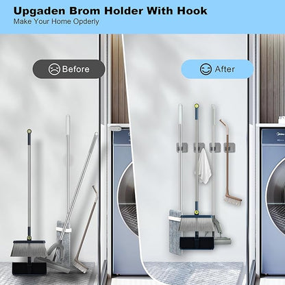 4 Pack Stainless Steel Mop and Broom Gripper with Hook, Screw Drilling or Self Adhesive Mop and Broom Holder Wall Mount, Storage Rack for Closet Laundry Garage Garden Tool Organizer, Silver